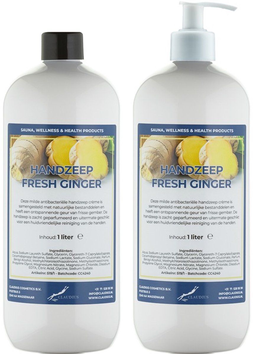 Handzeep Fresh Ginger 1 liter - set van 2 stuks - met gratis pomp - Voordeelverpakking