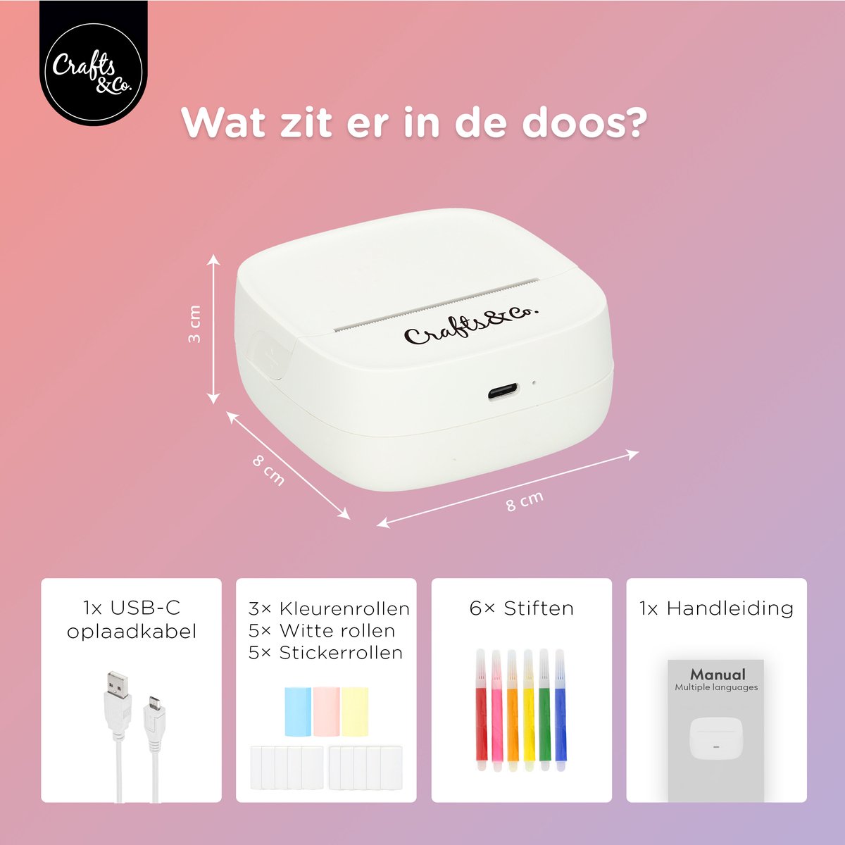 Crafts&Co Mini Pocket Printer met 13 Rollen en 6 Stiften - 24-Uur Batterij - Mobiele Fotoprinter - Interactief Montessori Speelgoed - Draagbare en Thermische Printer - Cadeau voor Jongens en Meisjes - 6, 7, 8, 9, 10, 11, 12, 13, 14+ Jaar - Wit — afbeelding 6