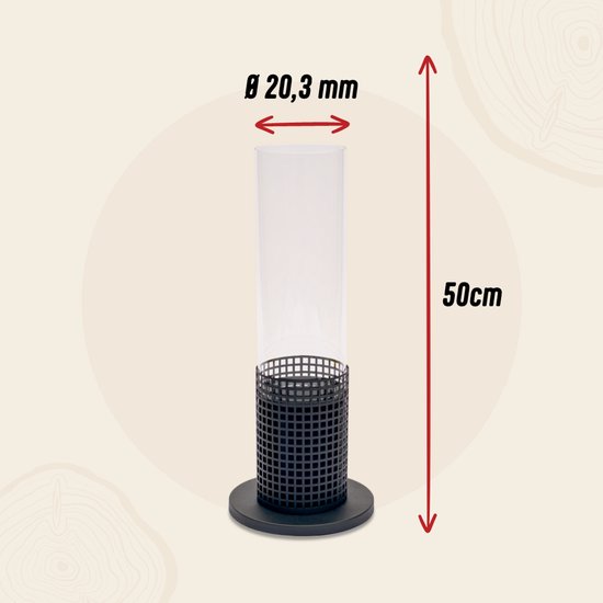 Afmetingen van de Livin sfeerhaard: diameter 20,3 mm en hoogte 50 cm.