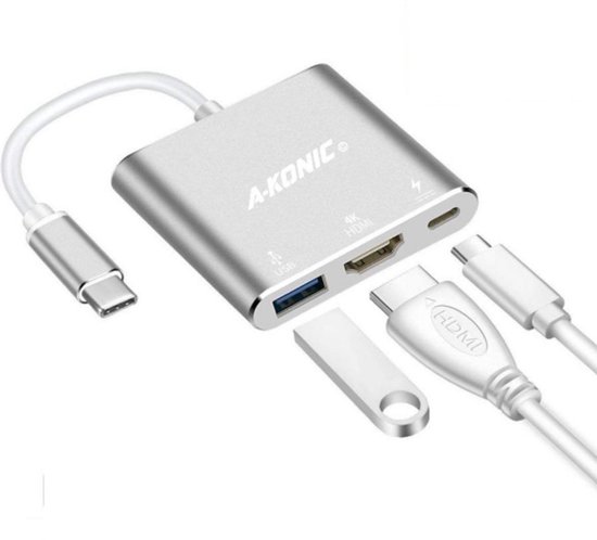 USB-C Hub, 3-in-1 Adapter - USB-C naar HDMI - Zilver - A-KONIC©
