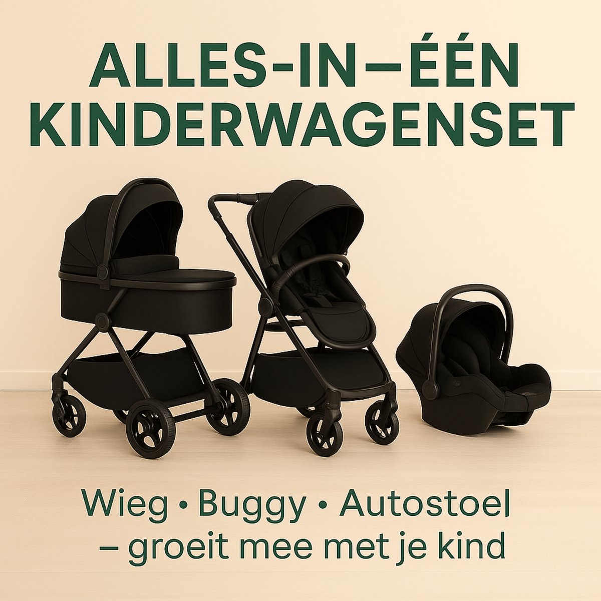 Lunola Oria Kinderwagen 3-in-1 met Autostoel - Full Black - afbeelding 2
