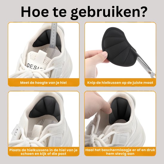 Stappenplan voor het gebruik van de hielkussens: meet hoogte, knip op maat, plaats in schoen, druk aan.