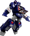 Blauwe en witte Transformer robot met cassettecompartiment open, zwevend in de lucht.