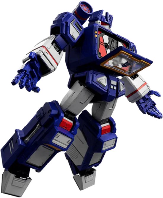 Blauwe en witte Transformer robot met cassettecompartiment open, zwevend in de lucht.