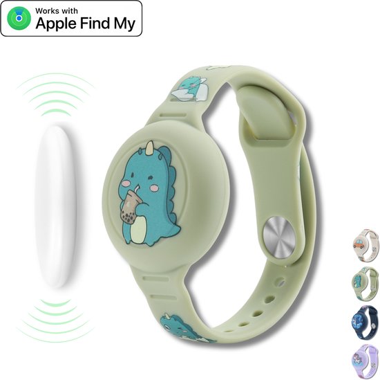 Lichtgroene trackerband met dino en boba, werkt met Apple Find My. Ook in het wit.