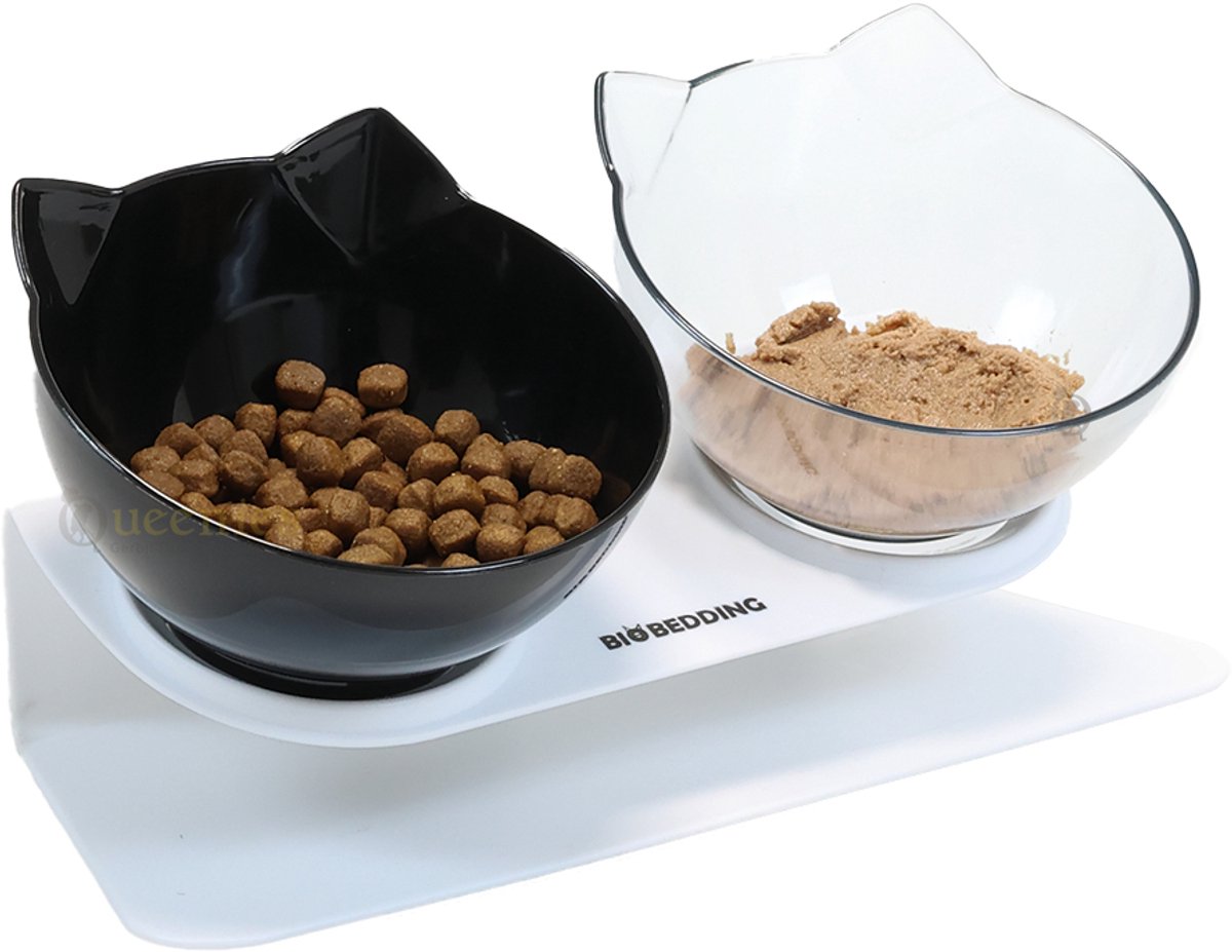 BioBedding Kattenvoerbak Dubbel Zwart Transparant – 15° Kantelbaar – Ergonomisch – Antislip – BPA-vrij