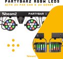 BeamZ Partybar 2 met 2 PAR spots en 2 Derby lichteffecten, afgebeeld op gele achtergrond.