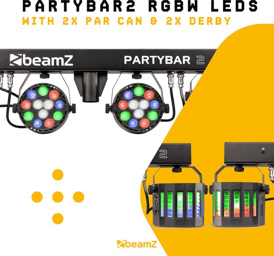 BeamZ Partybar 2 met 2 PAR spots en 2 Derby lichteffecten, afgebeeld op gele achtergrond.