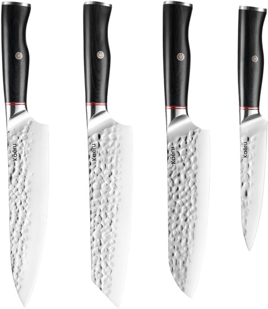 Kaëru® Japanse stijl keukenmessenset - 4-delig - Zwart pakkahouten handvat - Gesmeed met hamerslagafwerking - Roestvrij staal - Corrosiebestendig - Koksmes - Multifunctionele keukenmessenset