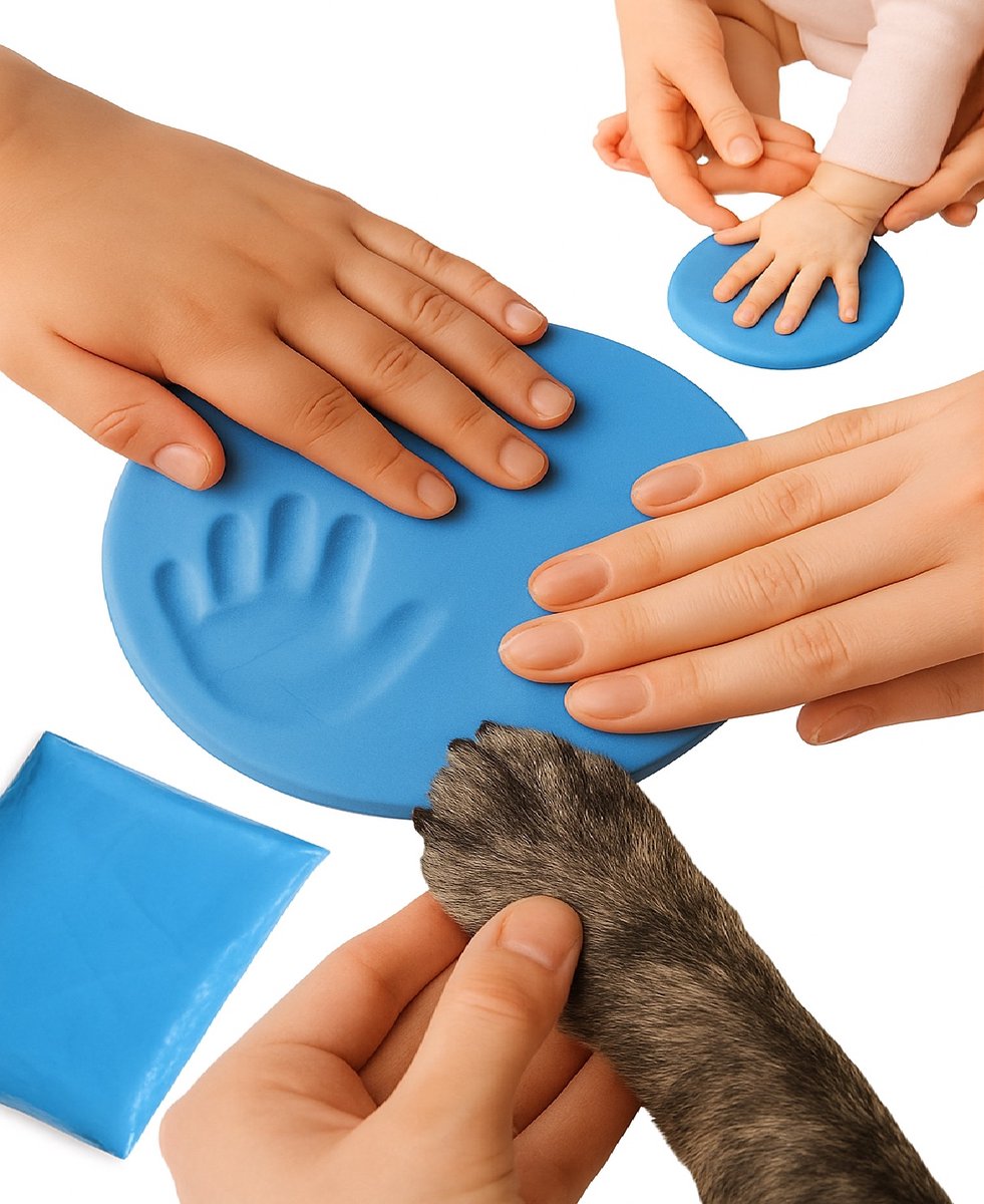Baby hand- & voetafdruk klei – Blauw – 20g zachte fluffy klei – DIY gipsafdruk – Voor baby’s én huisdieren – Pootafdruk hond/kat – Lichtgewicht & herbruikbaar – 10×7 cm verpakking