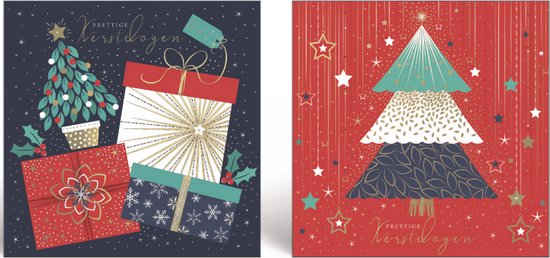 Twee kerstkaarten: een met cadeautjes en kerstboom, de andere met een gestileerde boom; tekst 'Prettige Kerstdagen'.