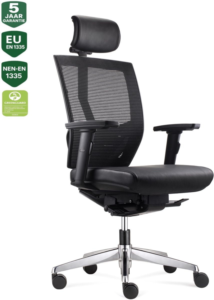 BENS 807HCL-Synchro-3 - Ergonomische Bureaustoel - Bureaustoelen voor volwassenen - Kantoorstoel - met Hoofdsteun - Lederen uitvoering - Uitermate geschikt voor langere personen - NEN-EN1335 & ARBO normen - GREENGUARD GOLD