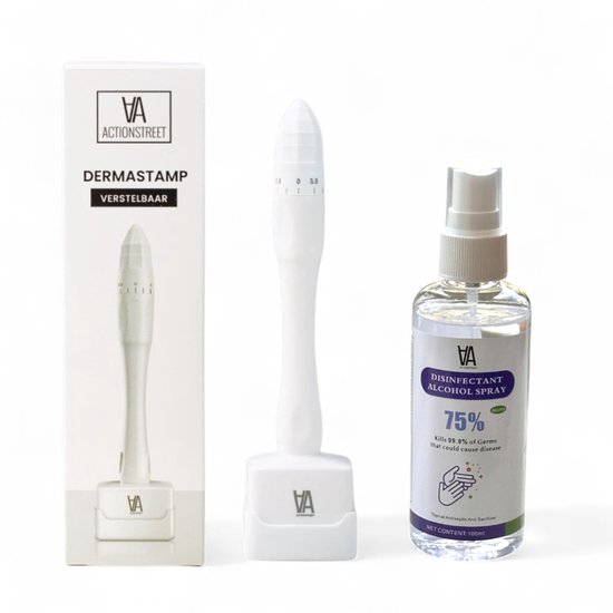 ActionStreet Dermastamp & Desinfectant Spray (100 ml) - Geschikt voor Microneedling - Alternatief voor Dermaroller & Dermapen - Verstelbaar van 0.3mm tot 3mm - 140 Naalden