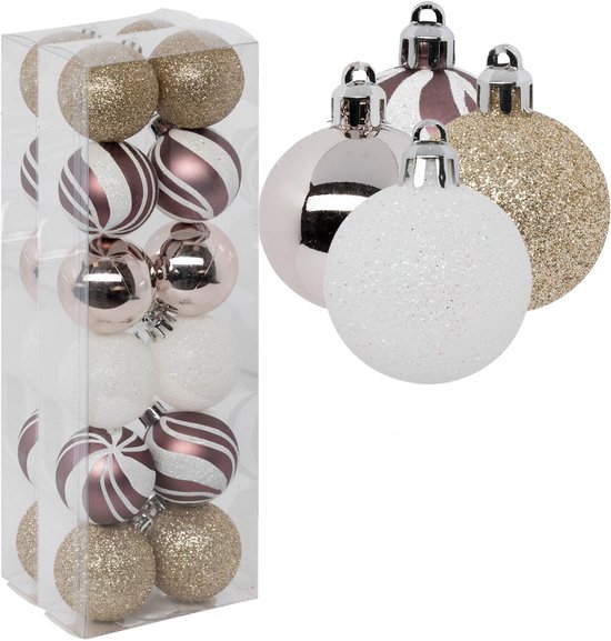 Atmosphera Boules de Noël 24x - champagne/rose/blanc/or -4 cm -plastique