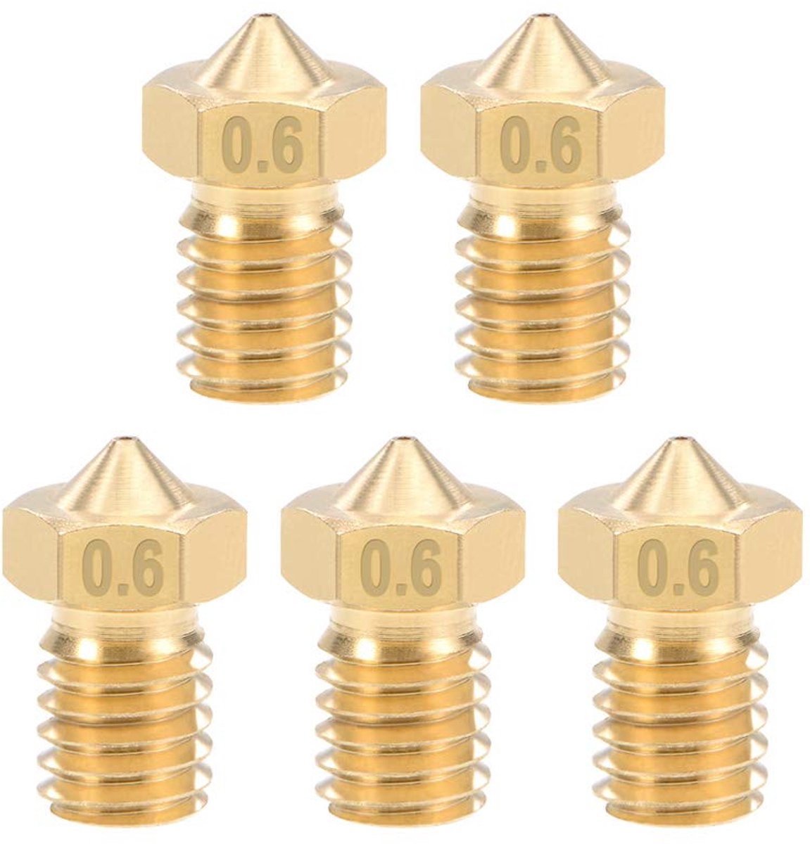3D printer reserveonderdelen - 3D Printer Nozzles - 5-delige Messing Nozzles 0,6mm, Geschikt voor 1,75mm Filament en E3D V5-V6