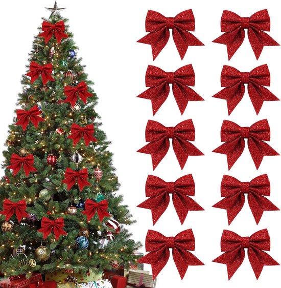 Lot de 10 nœuds de Noël rouges à paillettes - 12 x 15 cm - Décoration de Noël - Décorations de Noël de Noeuds de Noël - Ambiance de Noël - Pour fête de Noël, sapin de Noël, intérieur, loisirs créatifs