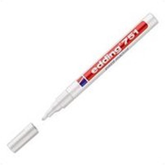 Witte Edding 751 lakmarker met rode en blauwe accenten, dop los.