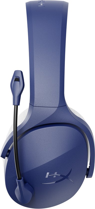 Close-up van de blauwe HyperX gaming headset, zijaanzicht.