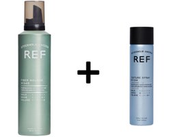 REF Stockholm - Fiber Mousse Texture & Volume Duo Set - Fiber Mousse 250ml + Texture Spray 75ml - Voor ideale textuur en volume voor elke haarstijl - Geschikt voor alle haartypen en perfect voor krullen