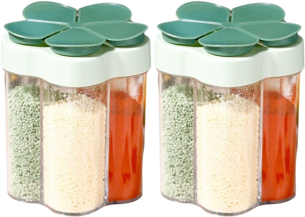 longziming -2x 5-in-1 Kruidenpot – Transparante Specerijencontainer van Hoogwaardig PP – Multifunctionele Keuken Kruidenhouder voor Zout, Peper, Suiker & Meer – 11x9 cm – Groen