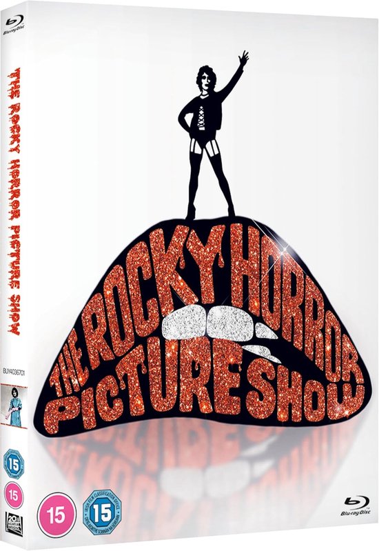 L'avant de la jaquette Blu-ray montrant de grandes lèvres orange pailletées avec une silhouette masculine en corset dessus. Le titre 'The Rocky Horror Picture Show' est en lettres pailletées sur les lèvres.
