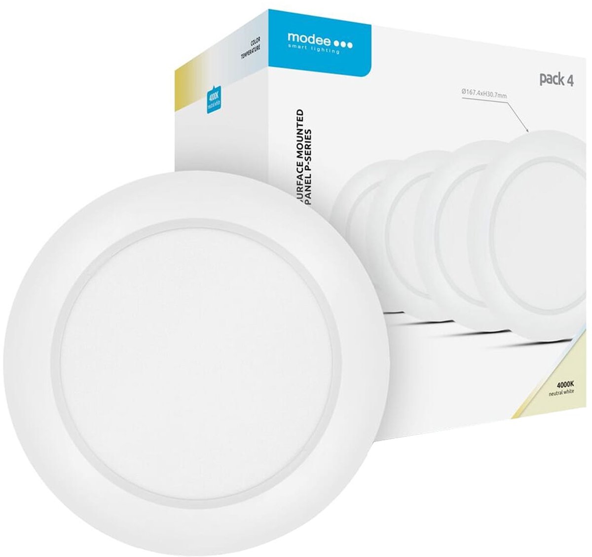 Modee LED Paneel Rond Opbouw - 12W - 1320lm - 16.7x3cm - 4000K - Neutraal Wit - Voor Hal, Toilet of Kleine Ruimte - 4 stuks