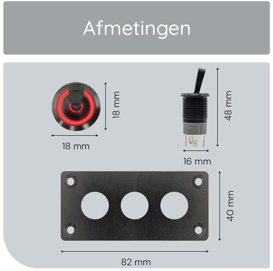 Dimensions d'un interrupteur à bascule à LED rouge, d'un panneau et d'un interrupteur simple.