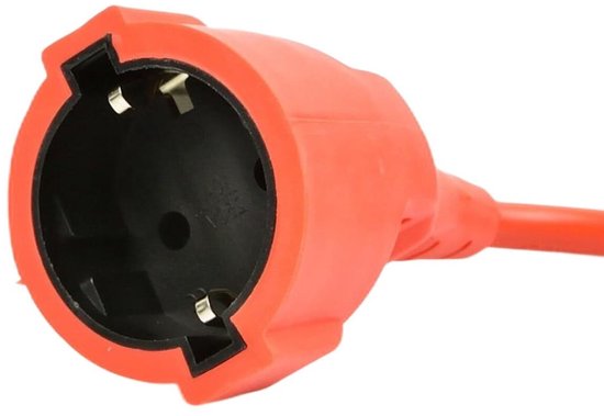 Oranje stopcontact met metalen contacten en een oranje kabel.