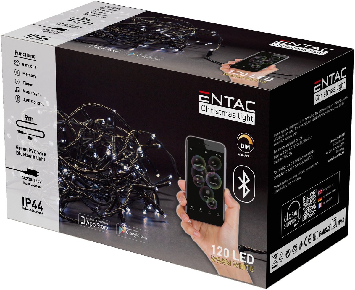 Entac Smart LED Lichtsnoer Kerst 9m - Bestuurbaar met App en Bluetooth - Kerstverlichting voor Buiten en Binnen - Warm Wit Licht