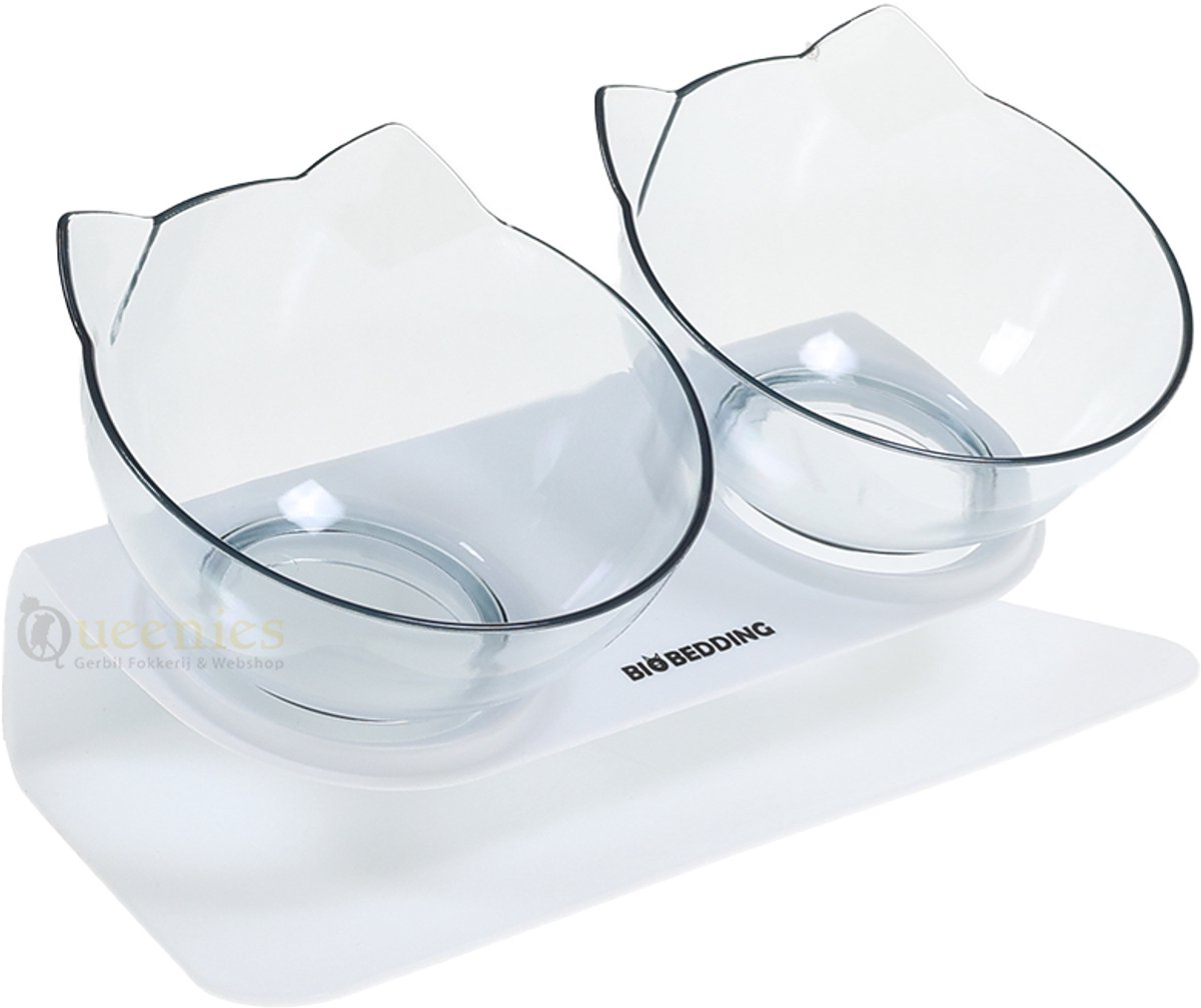 BioBedding Dubbele Kattenvoerbak – 15° ergonomisch ontwerp – Transparante set met antislip standaard