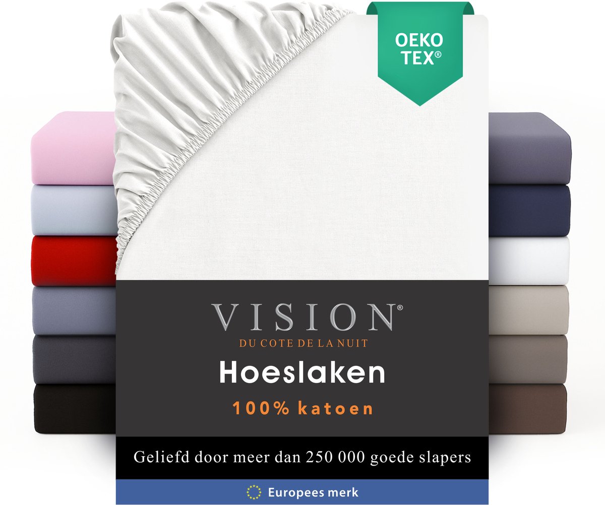 VISION Hoeslaken - 100% katoen - 180x200 cm met ruime hoek van 30cm - Geschikt voor boxspring matras - Wit - Oekotex gecertificeerd