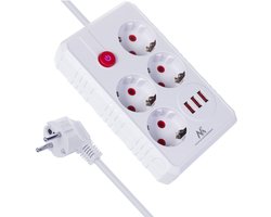 Maclean MCE393 W - Stekkerdoos met 4-polige verlengkabel en 3xUSB - 110-240V AC 50/60Hz - 2,1A max 2500W - 3m - Wit
