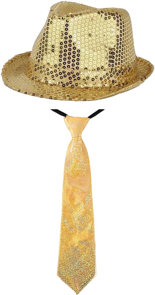 Faram Party carnaval verkleed hoedje - en stropdas - Goud glitters - Verkleedkleding - volwassenen