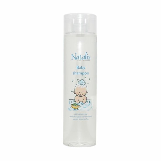 Natalis baby shampoo in doorzichtige fles met een tekening van een badende baby. pH-neutraal, dermatologisch getest, zonder kleurstoffen.