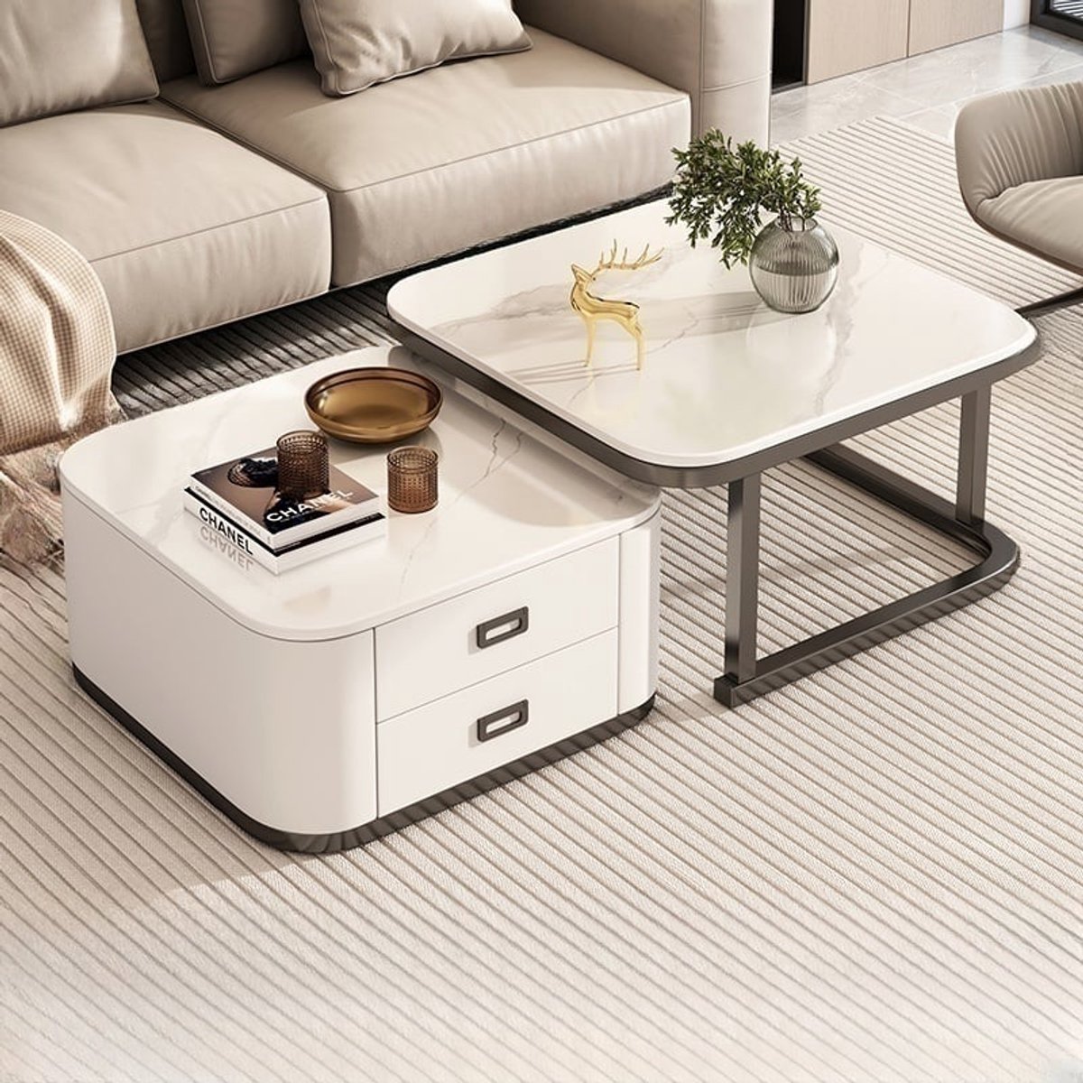 Swiss Homess Swiss Homes® - Lunaa Premium | Salontafel Set van 2 - Marmer Look - Ø70 / Ø 70 / Ø 45 cm | Mystic White (Wit)- Bijzettafel - Tafel Rond - Woonkamer Tafel - Decoratie Tafel - Salon Tafel - Wandtafel - Koffietafel | Luxe, tot in elke detail.