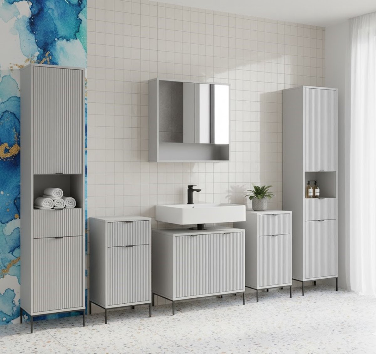 Luxe Badkamerkast “Eliza Deluxe” – Hoge Opbergkast 190 cm – Grijs Badkamermeubel met Deuren & Lade – Moderne Staande Kast met Metaalpoten – Industriële Stijl – 40x35x190 cm – Ruime Opbergruimte – Duurzaam MDF & Spaanplaat – Perfect voo