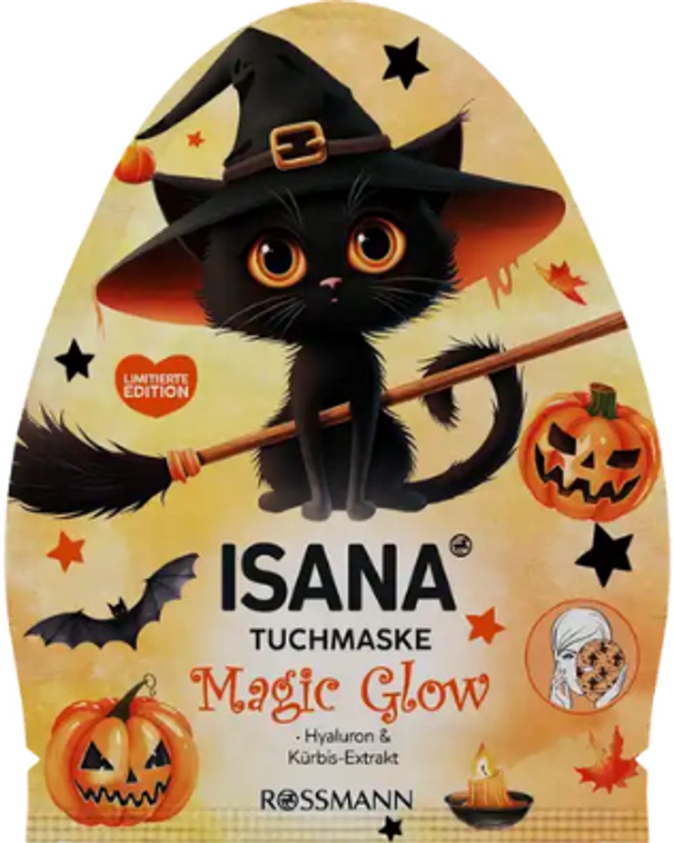 Isana Gezichtsmasker - Bedrukt Masker | 1 stuk - Magic Glow - Halloween Zwarte Kat - Pompoen & Hyaluron | Limited Edition - Herfst Gezichtsmasker - Vegan