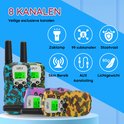 Drie UPLY walkie-talkies in camouflagekleuren: blauw, groen en geel. Elk met een groen scherm.