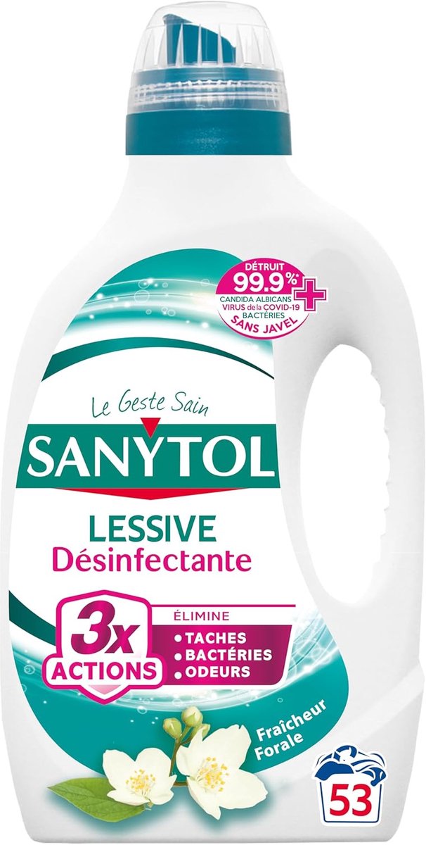 Sanytol - Desinfecterend wasmiddel - Witte bloemen - 2,65 L - Alle soorten linnen, behoudt vezels en kleuren bij alle temperaturen - Bactericide, virusdodend - Geen bleekmiddel