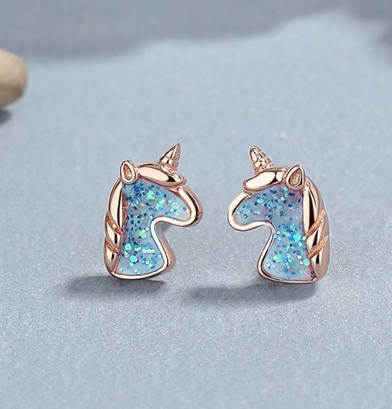 Boucles d'oreilles Unicorn pour Filles – Argent 925 plaqué or rose et Glitter bleues
