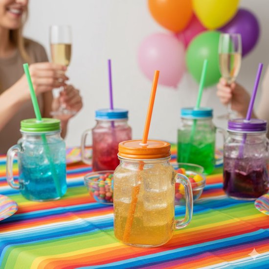 4x stuks Glazen Mason Jar drinkbekers oranje dop en rietje 500 ml - afsluitbaar/niet lekken/fruit shakes van $ — afbeelding 2