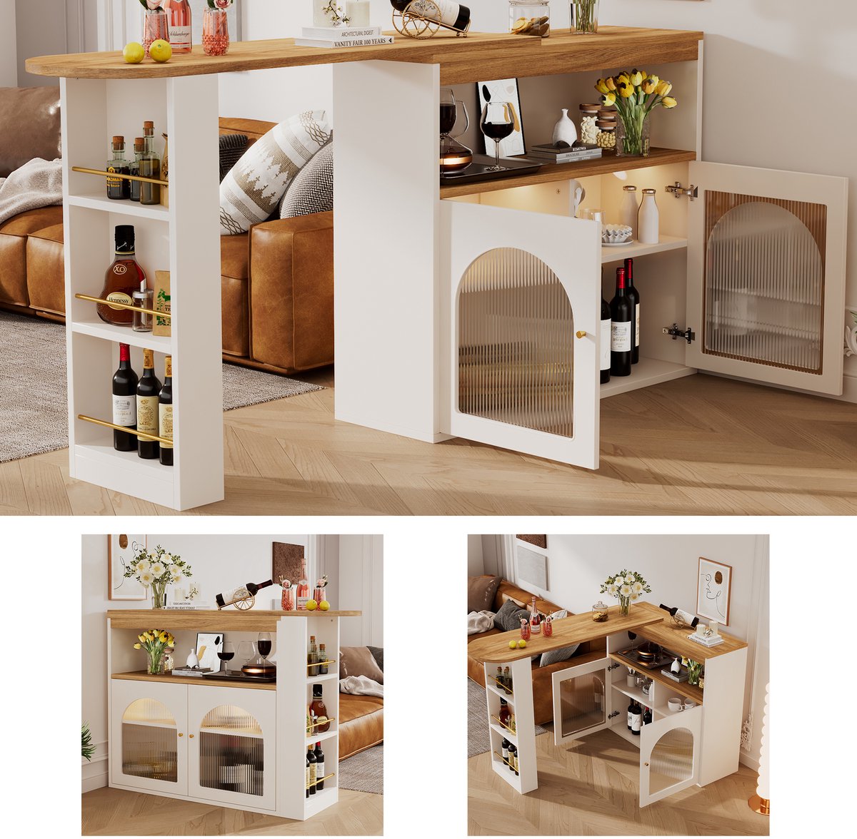 Uitschuifbare Bartafel (138-193x39x105 cm) - Moderne Draaibare Hoge Tafel met Opbergruimte & Instelbare LED Verlichting (1m) - Wit
