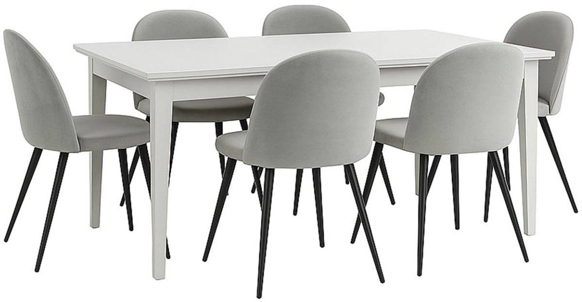 Venedig eethoek eettafel wit 95x180/276 met 2 stuks extra plaat 6 stoelen velours grijs.