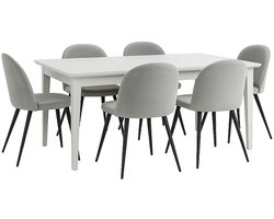 Venedig eethoek eettafel wit 95x180/276 met 2 stuks extra plaat 6 stoelen velours grijs.