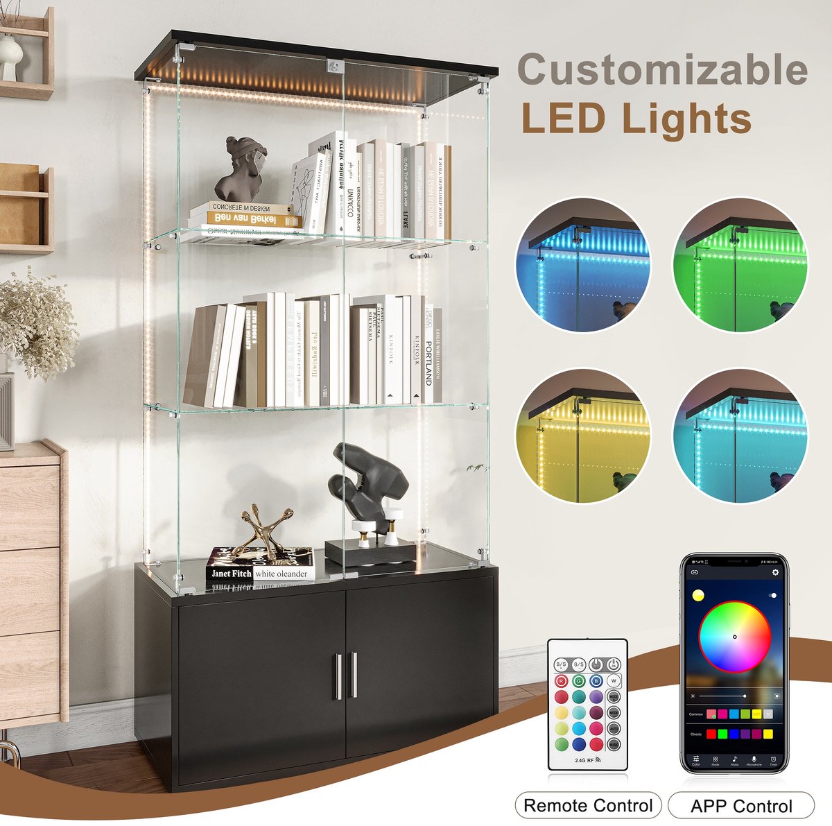 LED-vitrinekast met houten opbergruimte 164x78x35cm 3-laags moderne displaykast, woonkamerkast met 2 deuren, voor boeken, rode wijn en beeldjescollectie, Zwart - Verlichtingsstrips (splitsen voor 2 pakketten voor verzending)