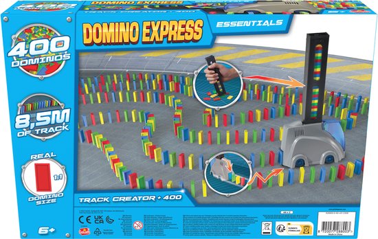 Achterkant doos 'Domino Express Essentials Track Creator +400' dominos. Grijze "auto" en 400 kleurrijke dominos.