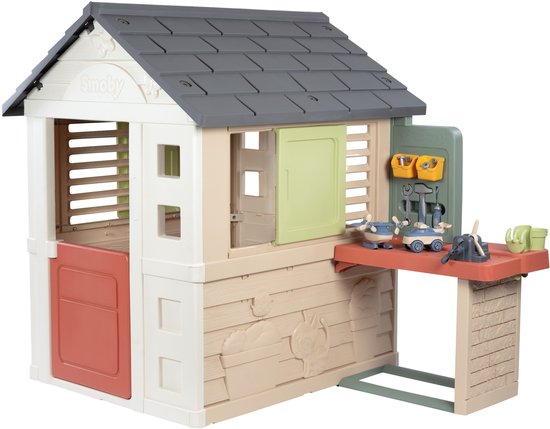 Smoby - Speelhuis nature play Smoby life - DHZ werkbank en tal van accessoires inbegrepen - Huis om te klussen