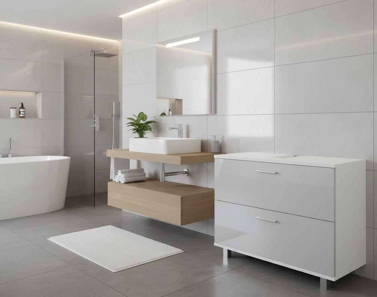 Luxe Wastafelkast “Ilias Deluxe” – Wit Hoogglans – Moderne Badkamer Onderkast – 80 cm – Met 2 Lades & Uitsparing – Badkamermeubel voor Wasbak – Stijlvol & Ruimtebesparend Design