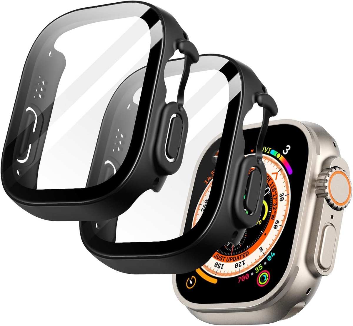 Zandarix Geschikt voor Apple Watch Ultra 1/2/3 49 mm Case - 360 graden bescherming - Ingebouwd Gehard Glas - 2 Stuks - Zwart