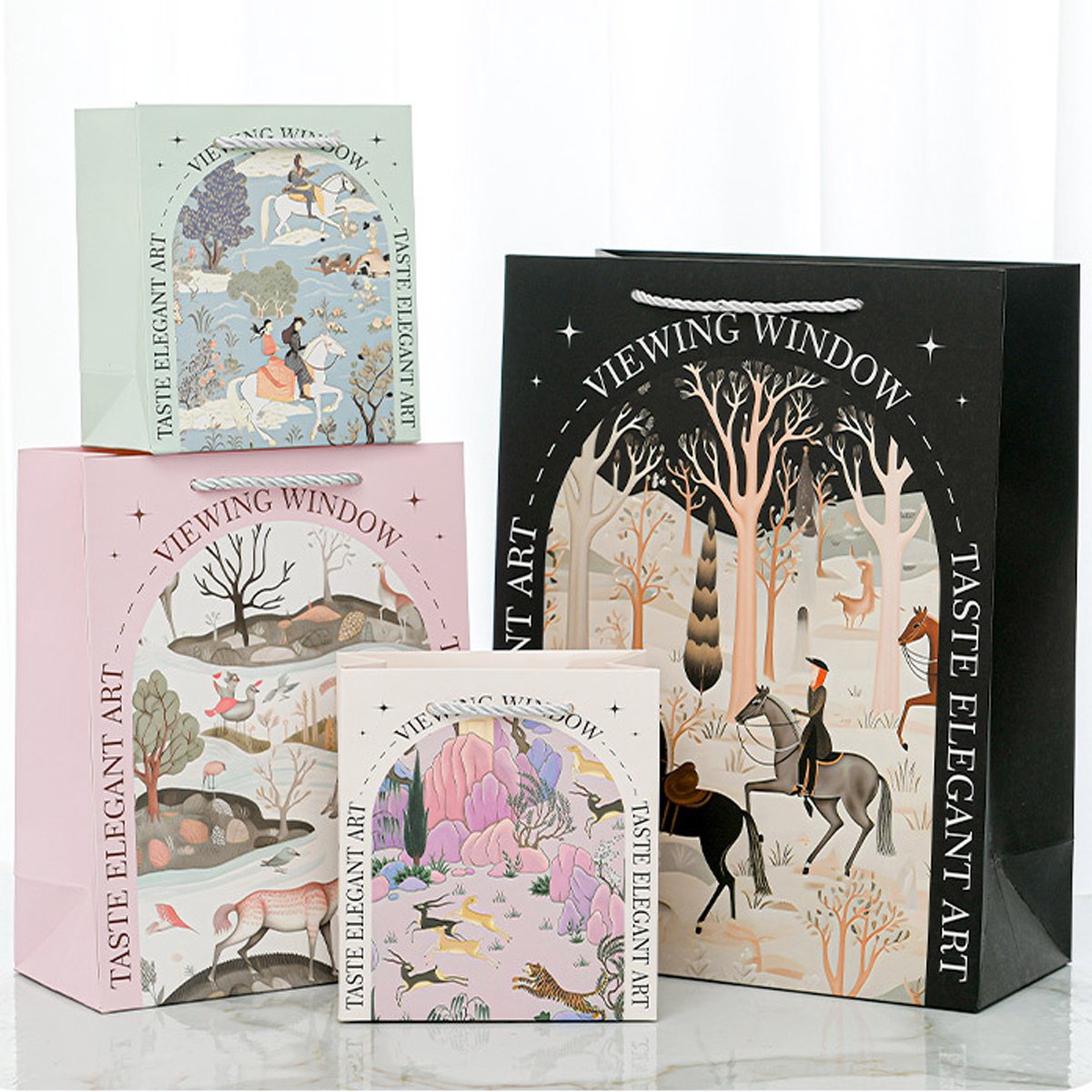 Cadeauzakjes Kerst en Verjaardag – 12 Stuks – Grote Papieren Cadeautassen met Katoenen Handvatten – 4 Natuurmotieven – 25 × 12 × 33 cm
